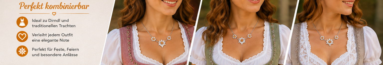 Silberfarbene Edelweiß Kette kombiniert mit Dirndl und Trachten-Outfit